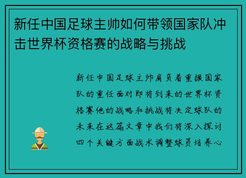 新任中国足球主帅如何带领国家队冲击世界杯资格赛的战略与挑战